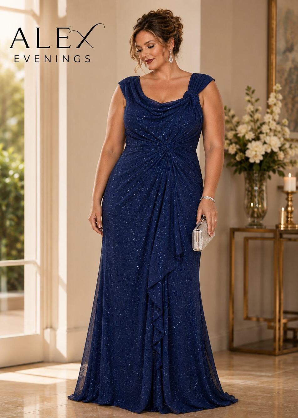 Alex Evenings Navy Glitter Ruched Evening Gown Size 14 Formal